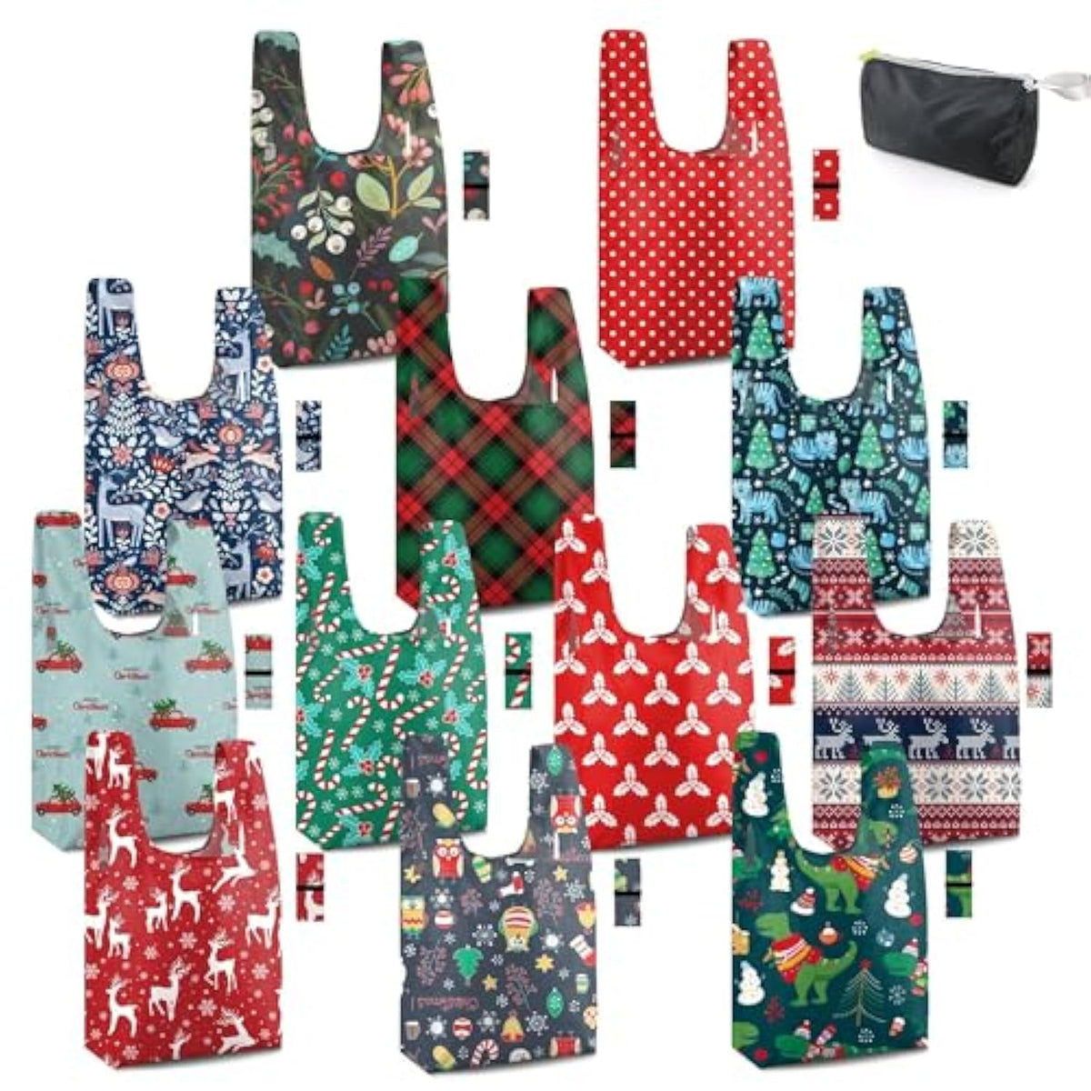 12 Pack Christmas Reusable Grocery Bags Christmas Gift- 50 Lbs Foldable Polyester Totes With Elastic Band And Storage Pouch For Shopping, Kitchen, Parties Shopping Bag Tote Bags Bulk