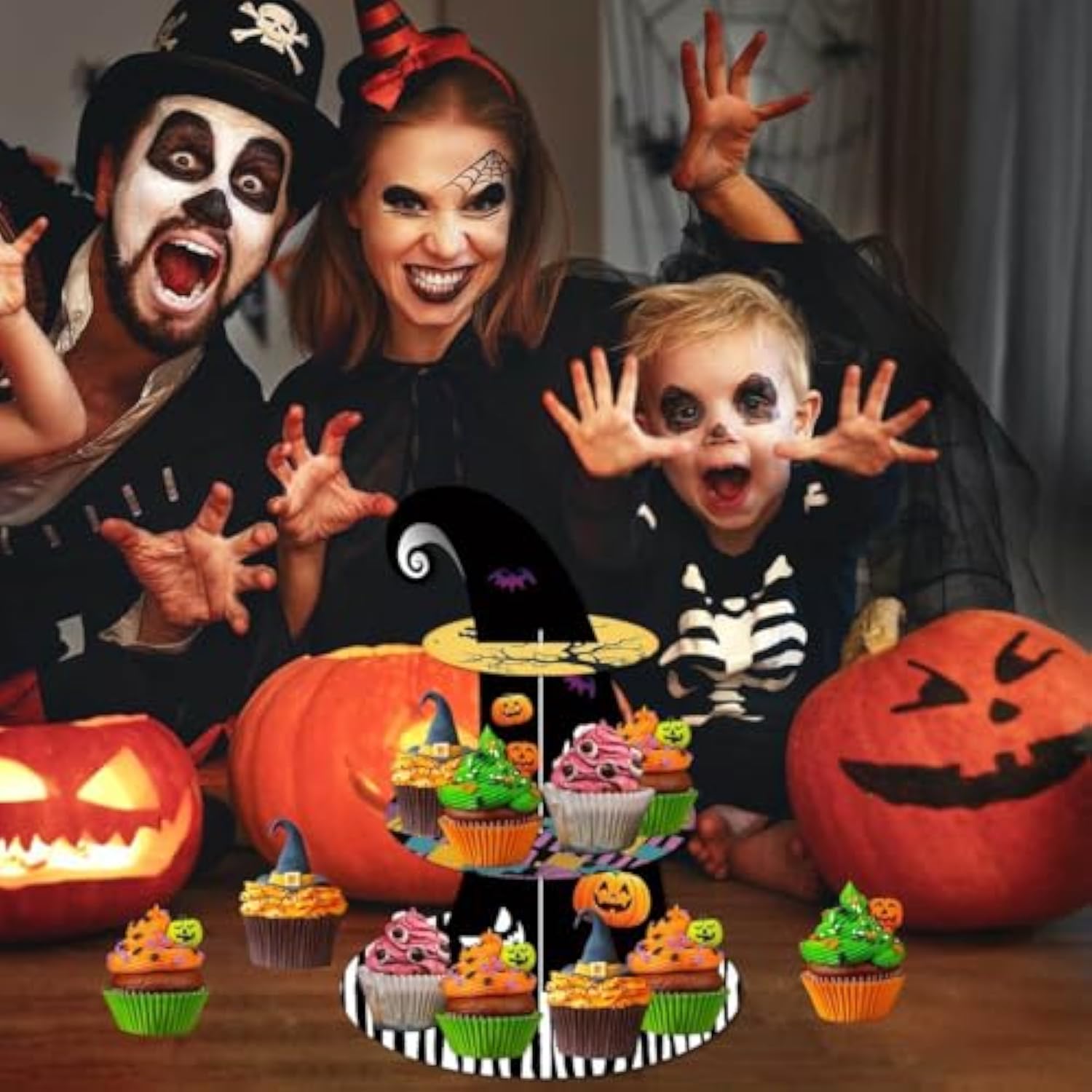 Black Halloween Cupcake Stand 3-Tier Cardboard Cake Stand Dessert Table Displays Centerpieces For Halloween Christmas Birthday Party Decorations