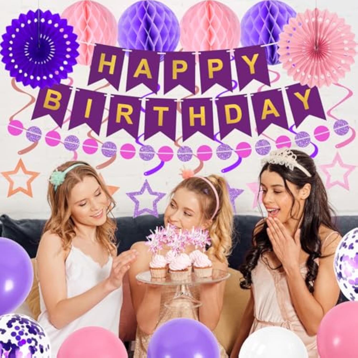 Purple Birthday Decorations Happy Birthday Banner Pink And Purple Balloons Stars Circle Garland Hanging Swirl Streamers Hanging Honeycomb Balls 69Pcs Party Decorations For Women Men