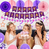 Purple Birthday Decorations Happy Birthday Banner Pink And Purple Balloons Stars Circle Garland Hanging Swirl Streamers Hanging Honeycomb Balls 69Pcs Party Decorations For Women Men