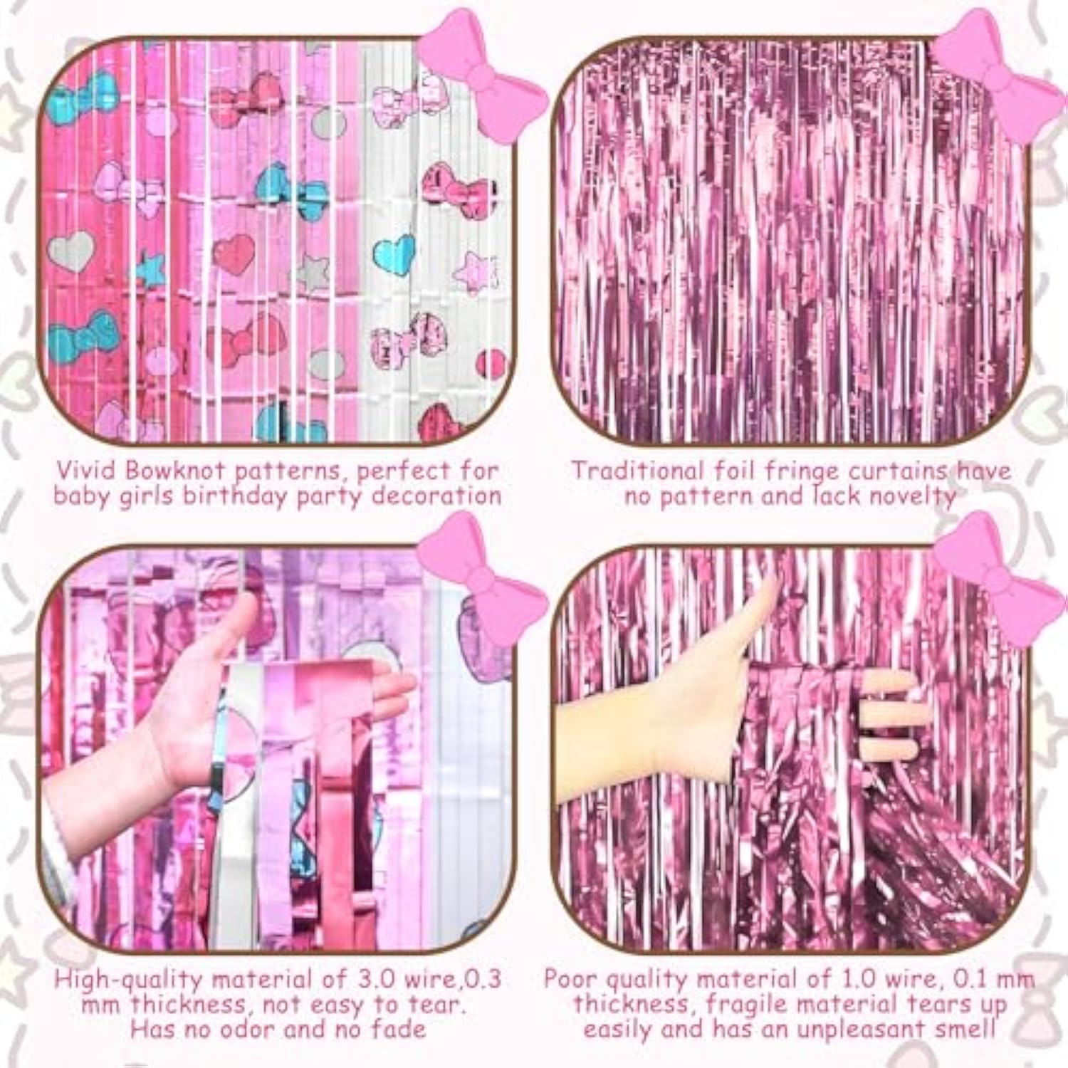 Kawaii Birthday Decorations, 2 Pack Cartoon Cat Theme Party Supplies, 3.3 X 6.6Ft Tinsel Foil Fringe Curtains, Bow Photo Booth Props, Backdrop Streamers, Perfect Room & Doorway Decor For Girls