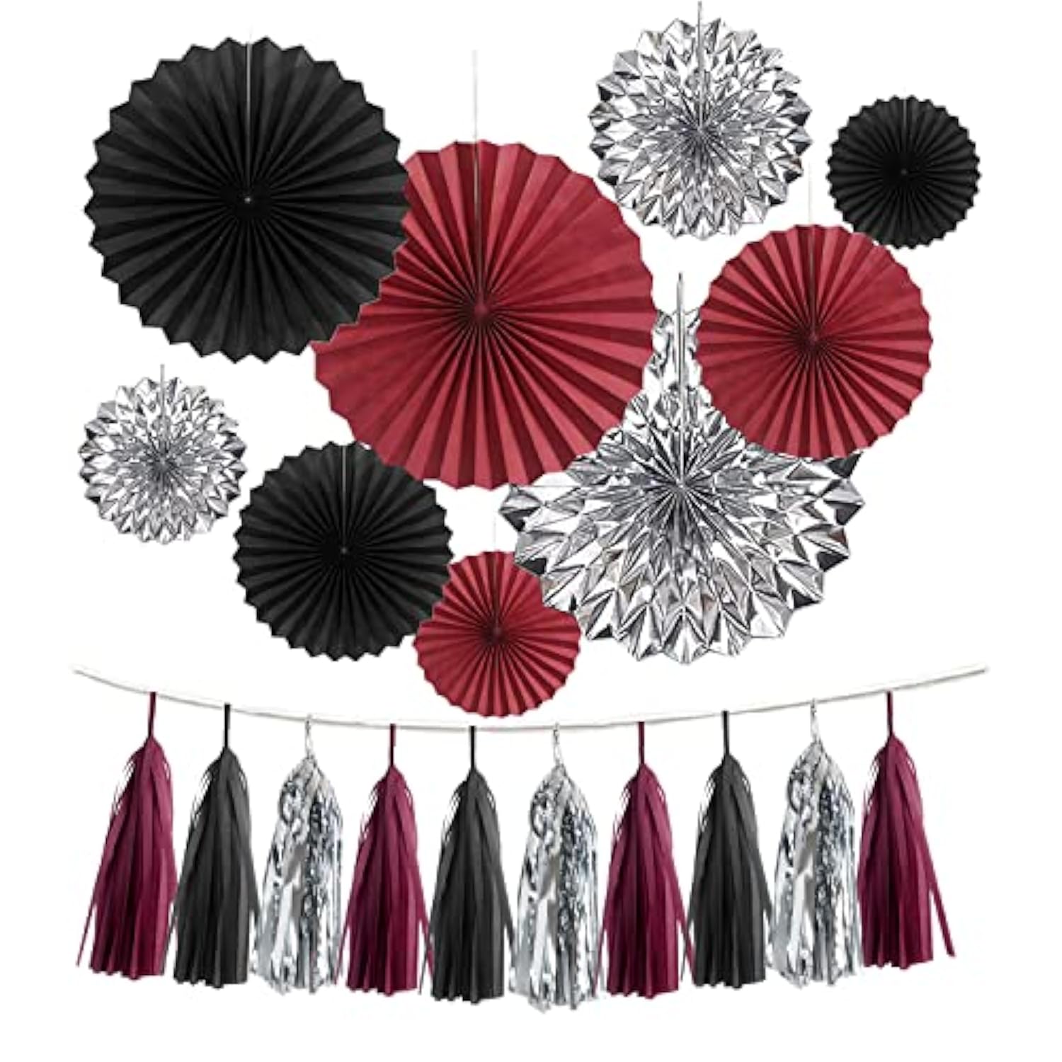 24Pcs Maroon Decorations Burgundy Black Silver Party Decor Tassel Garland Banner Paper Flower Fans Streamers Wall Hanging Backdrop Graduation Wedding Birthday Bridal Shower