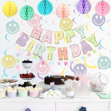 Pastel Birthday Decoration Set: Macaron Banner, Honeycomb Balls & Smiley Swirls
