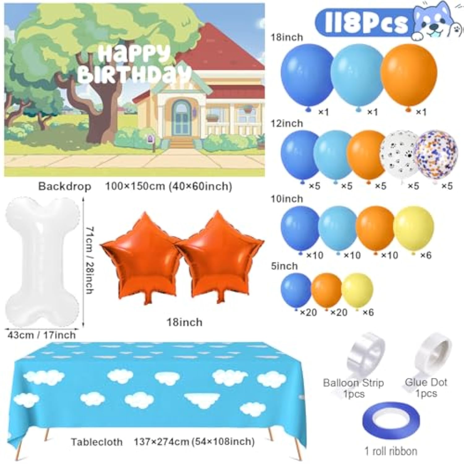 118 Pcs Dog Blue Party Decorations – Paw Balloon Garland, Backdrop & Tablecloth