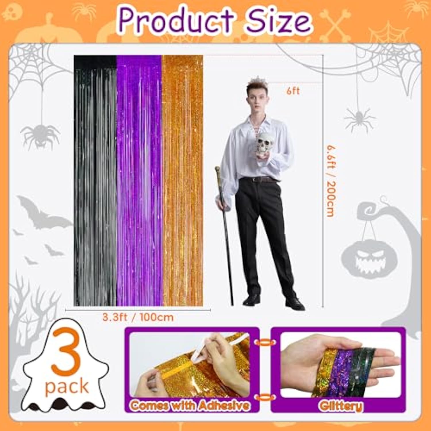 3 Pack Glitter Halloween Foil Fringe Curtains 3.3x6.6ft Backdrop Orange Purple Black