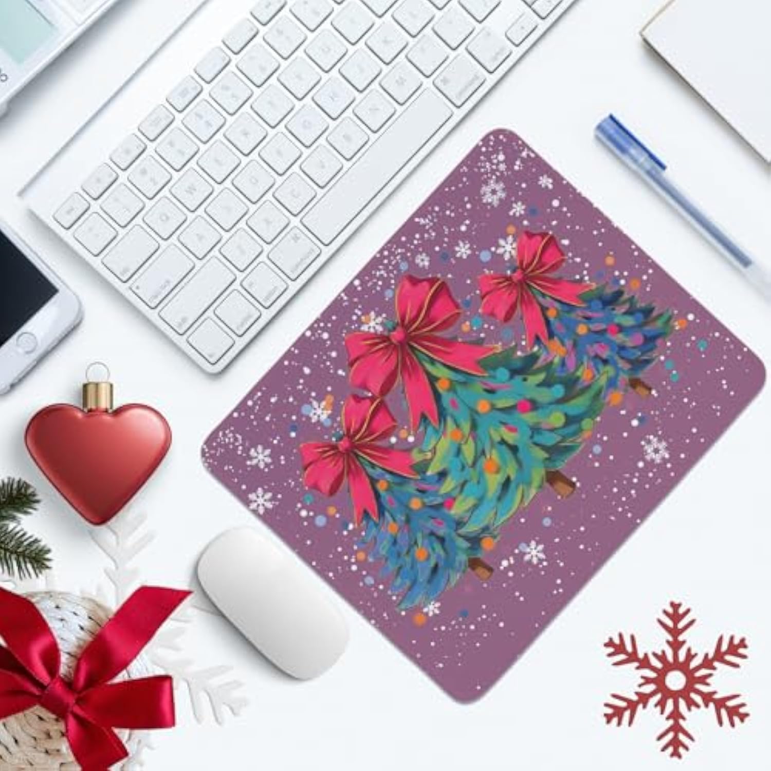 Christmas Tree Mouse Pad,Coquette Purple Bow Desk Mat,Winter Christmas Holiday Desktop Decorations For Dorm Home Office,10.2X8.2 In