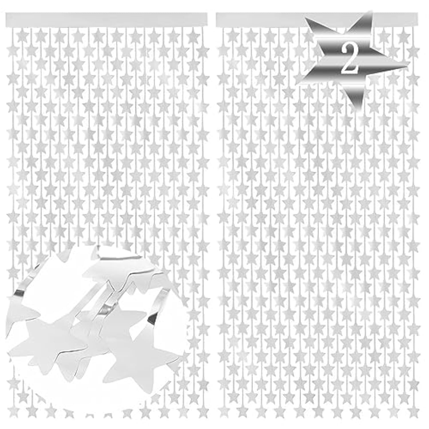 Silver Star Foil Fringe Backdrop Curtains 2 Pack Party Decor