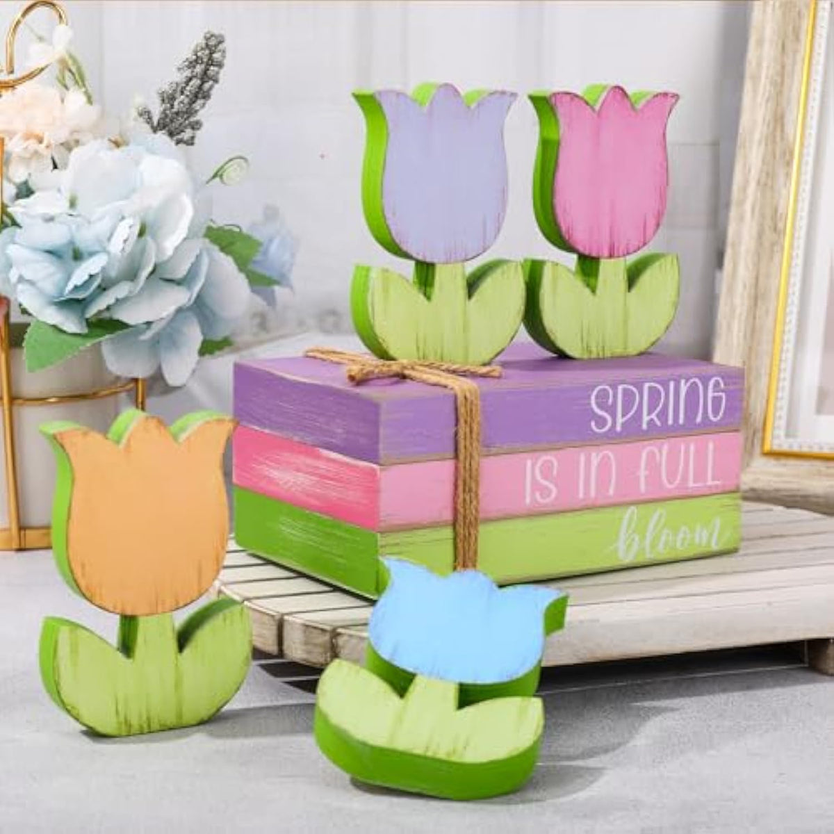 7Pcs Spring Wooden Tiered Tray Decor Farmhouse Faux Stacked Books Pastel Tulip Floral Table Centerpiece Block Signs For Party Home Kitchen