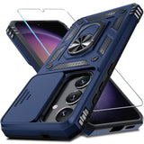 Compatible With Samsung Galaxy S25/S24 Case Built In Slide Camera Lens Cover+Screen Protector+Finger Ring Holder Kickstand,Heavy Duty Shockproof Full Body Protective Phone Cover,Blue