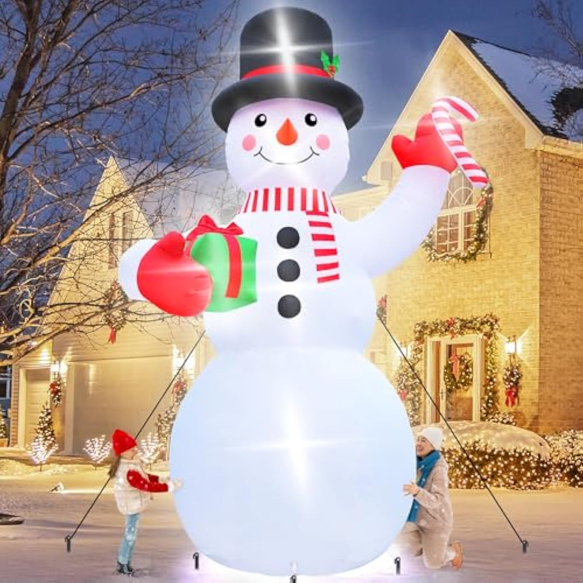 Christmas Inflatables, 14Ft Snowman With Present Box And Candy Cane, Lighted Christmas Snowman Blow Up Decorations, Chri