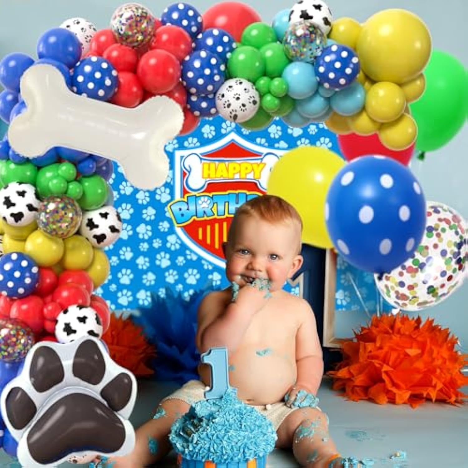 156Pcs Dog Paw Birthday Party Decorations Supplies For Boys Kids Teen, Blue Paw Print Balloon Arch Kit & Backdrop & Tablecloth & Dog Bone Foil Balloons, Puppy Theme Birthday Party Decorations
