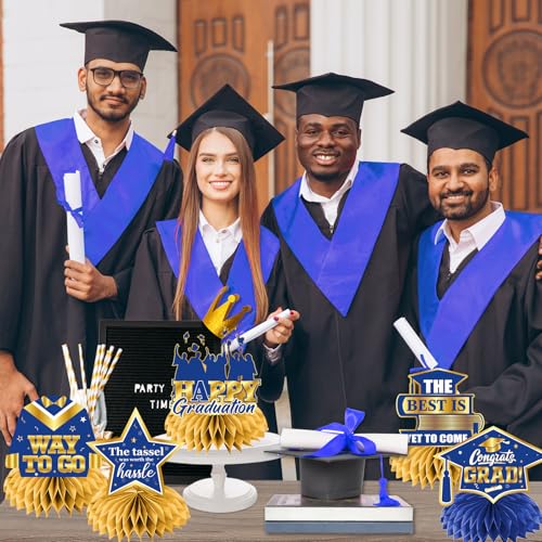 Graduation Table Decorations,12pcs Blue and Gold Graduation Decorations Class Of 2026 Honeycomb Centerpieces Congrats Graduation Centerpieces for Tables,Blue Graduation Table Centerpieces