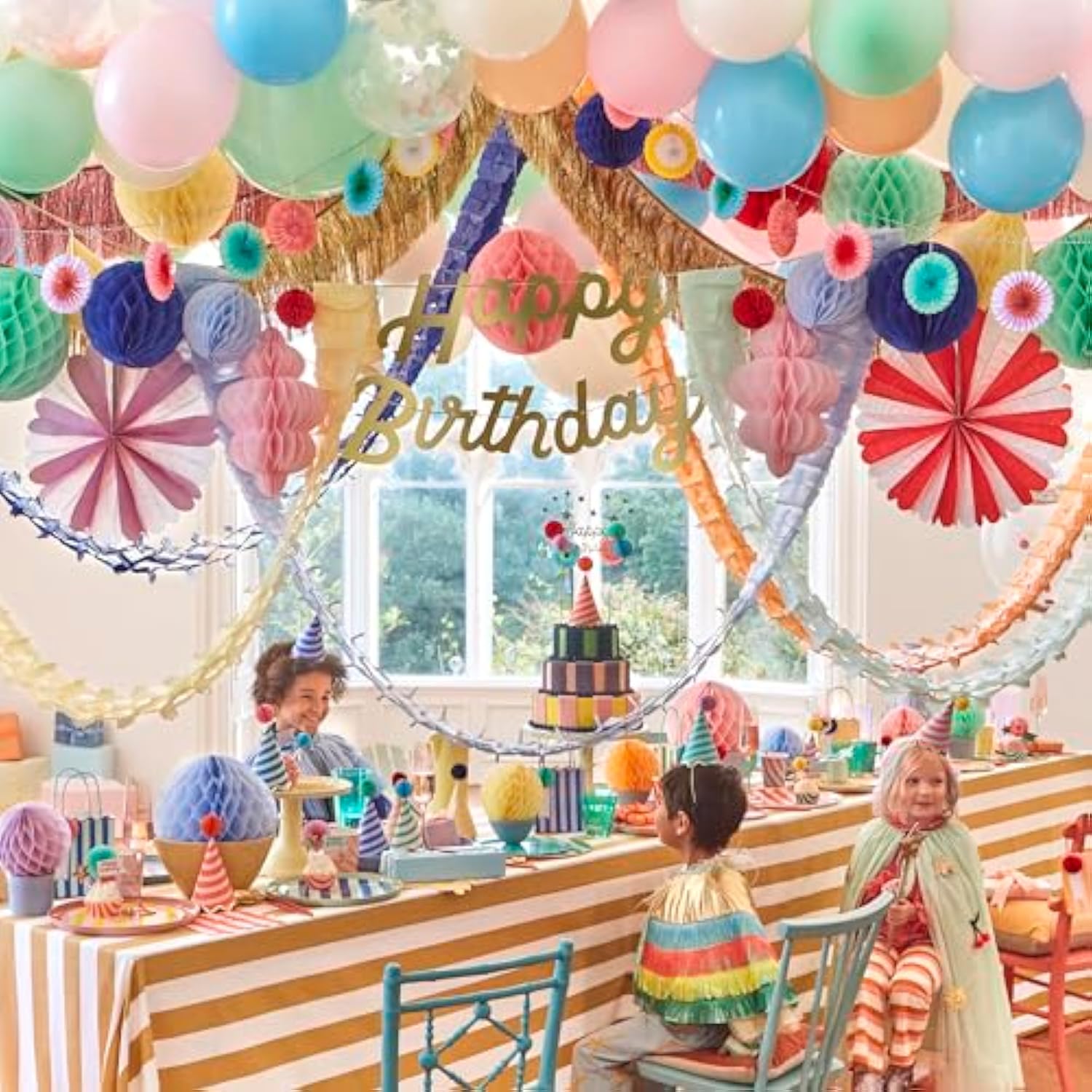 Meri Meri Honeycomb Happy Birthday Banner (Pack of 1), 2 Strands, 9' Birthday Party Garland (13' Including Excess Cord), Meri Meri Party Garland