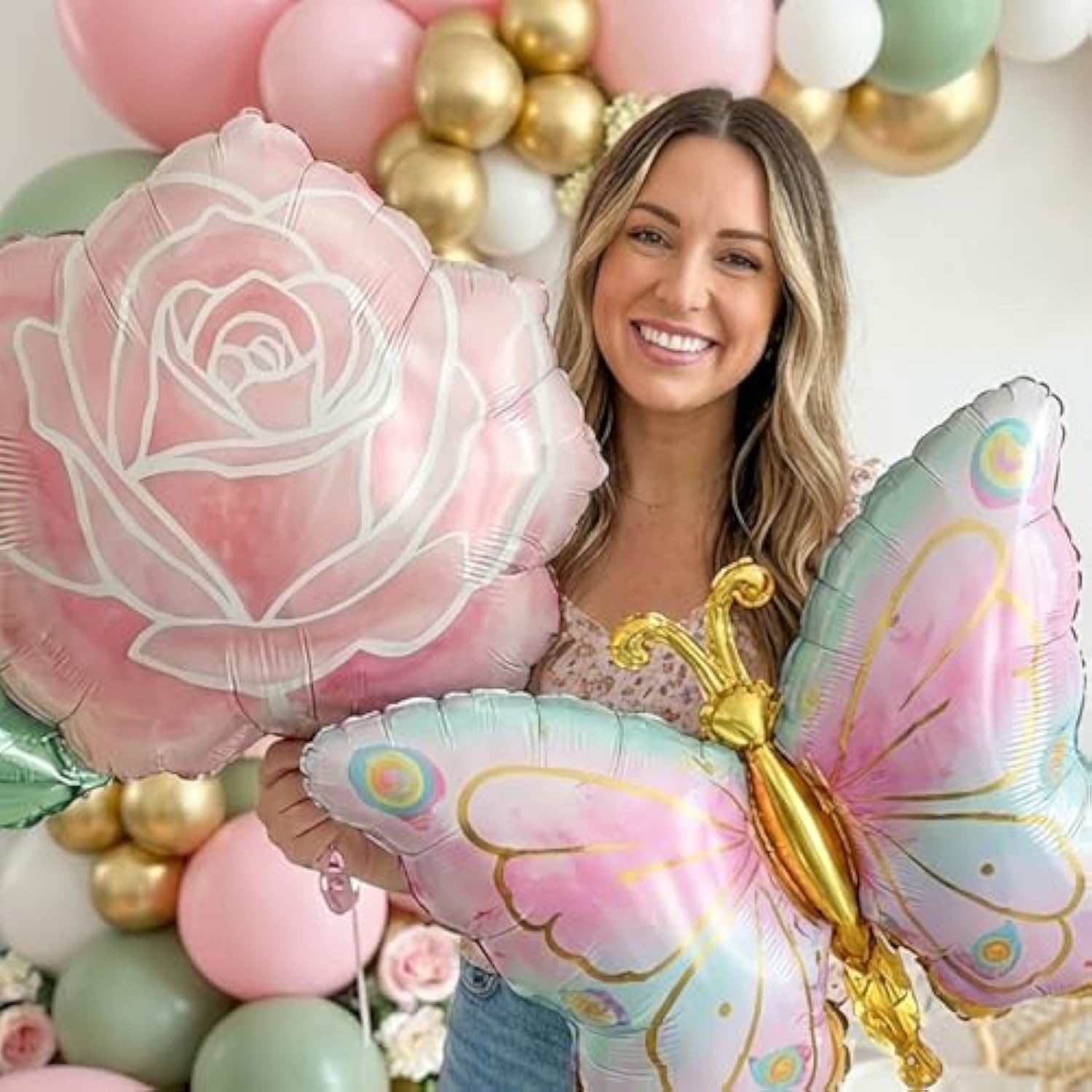 Spring Flower Balloon Garland Kit With Green Pink Gold Balloons Flower & Butterfly Foil Balloons For Baby In Bloom Decorations Butterfly Birthday Garden Tea Party Decorations