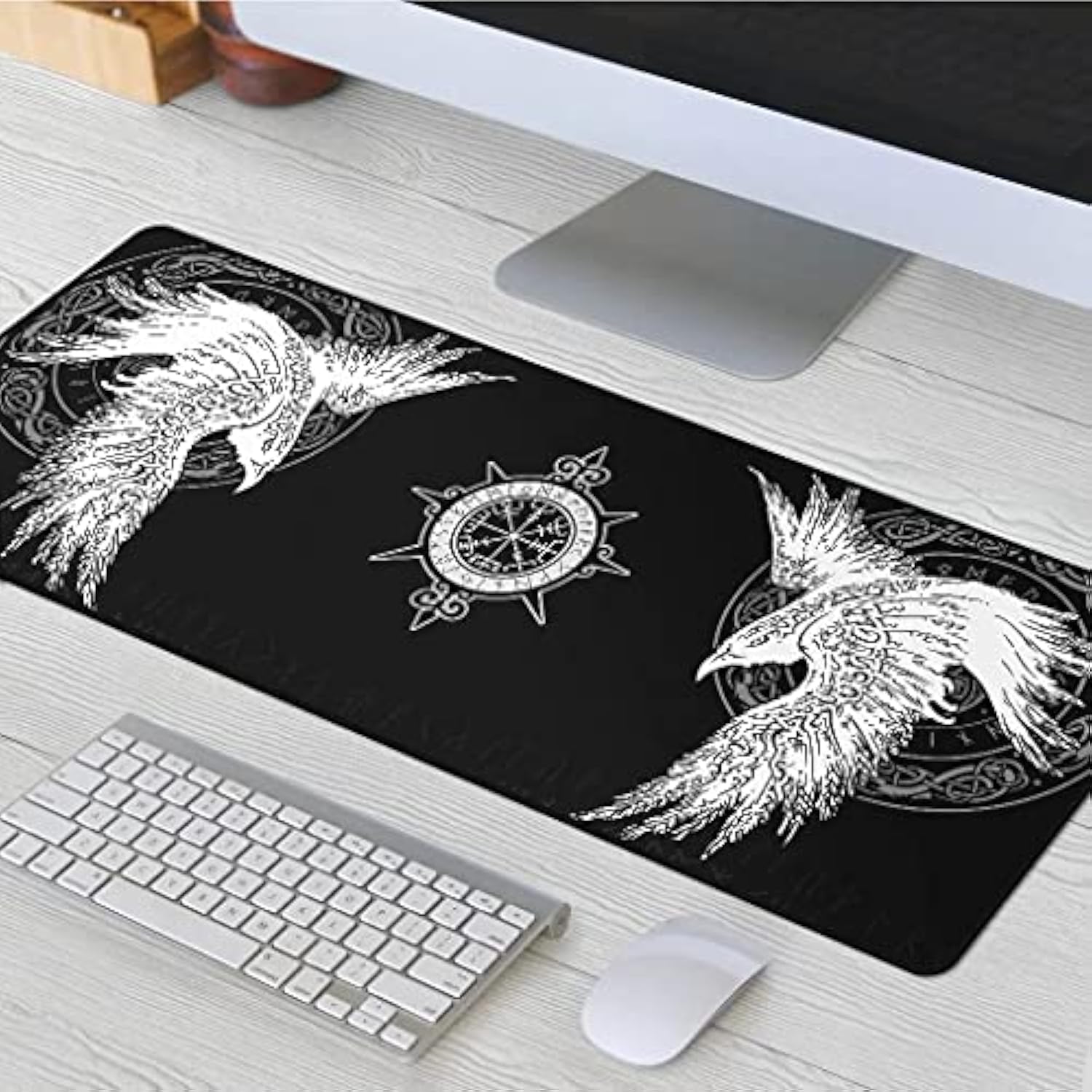 Viking Raven Rune Vegvisir Mouse Mat, 3D Print Tattoo Big Extended Desk Game Keyboard Pad With Non-Slip Base And Stitched Edge For Office & Home,Black,35.4" X 15.7"