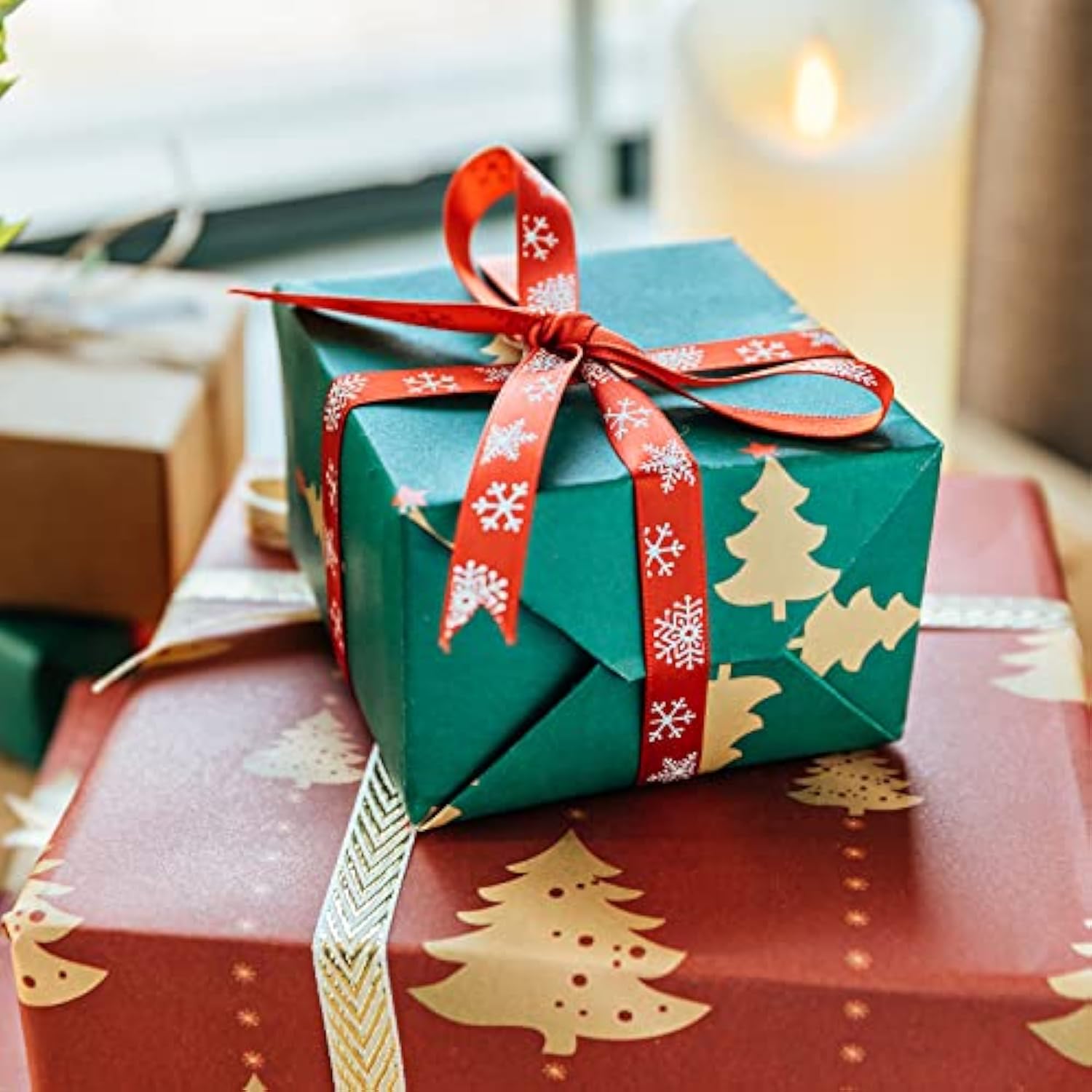 60 Yards 3/8" Christmas Ribbon For Crafts, White Red And Green Holiday