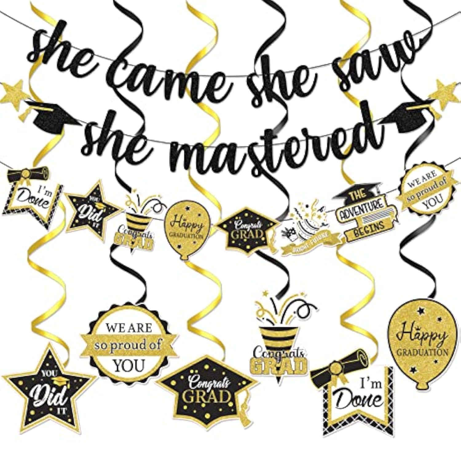Black & Gold Masters Degree Graduation Banner - She Came, She Saw, She Mastered