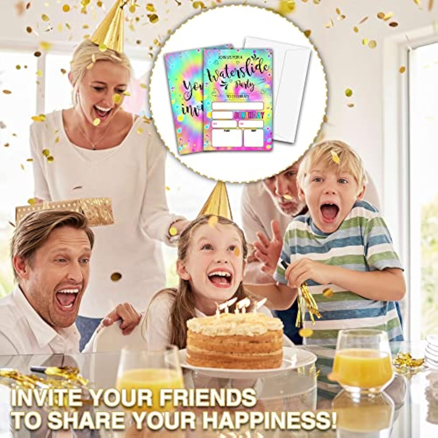 Waterslide Birthday Party Invitations, Summer Pool Birthday Invitation, Double-Sided Tie Dye Themed Fill In Invites, Kids Splash Birthday Party Decorations, 20 Cards With 20 Envelopes(C04)