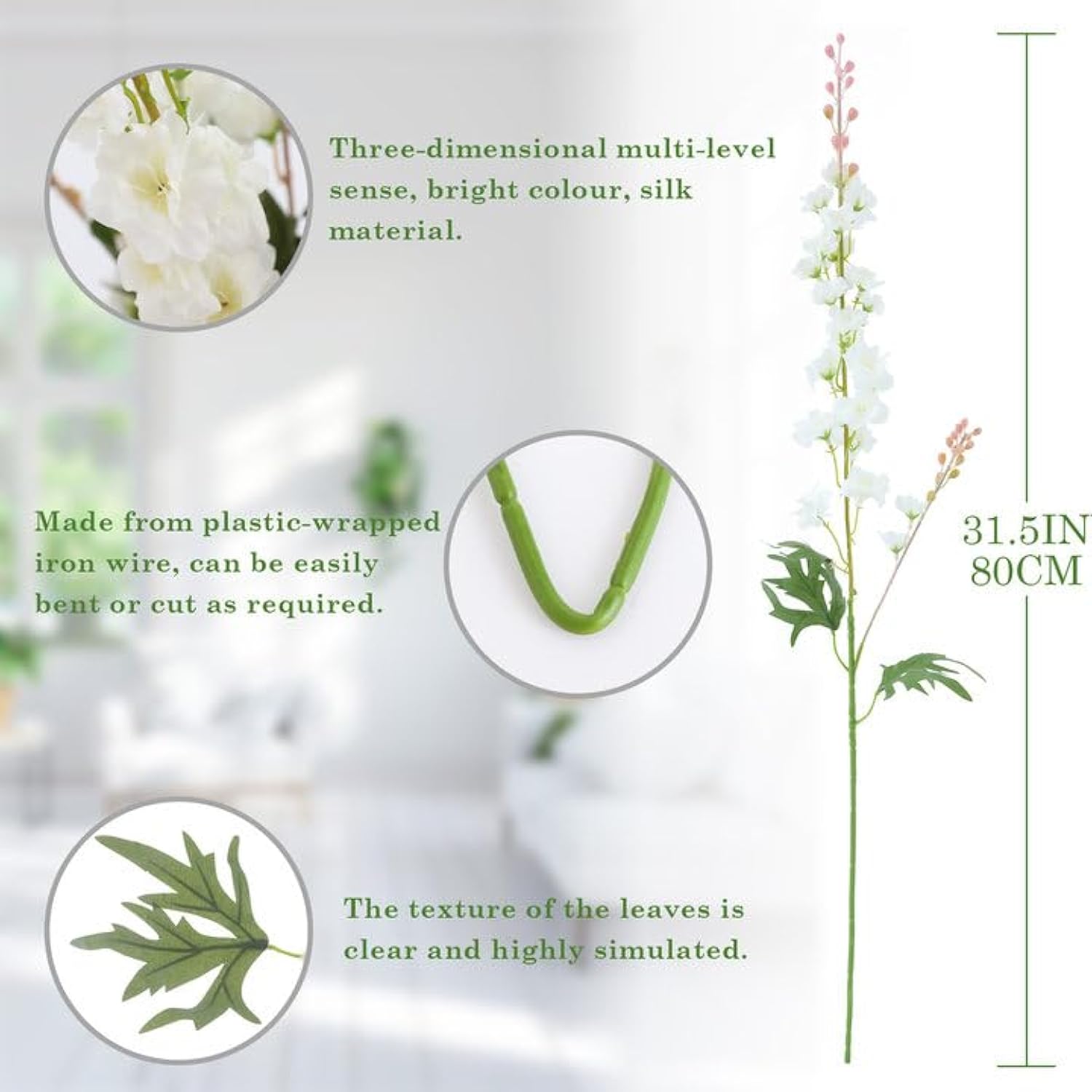 6Pcs White Delphinium Artificial Flowers, Long Stem Faux Larkspur Silk Flowers, 33.5" Bendable Fake Flowers Bouquets For Tall Vase Table Kitchen Home Offices Garden Wedding Decor