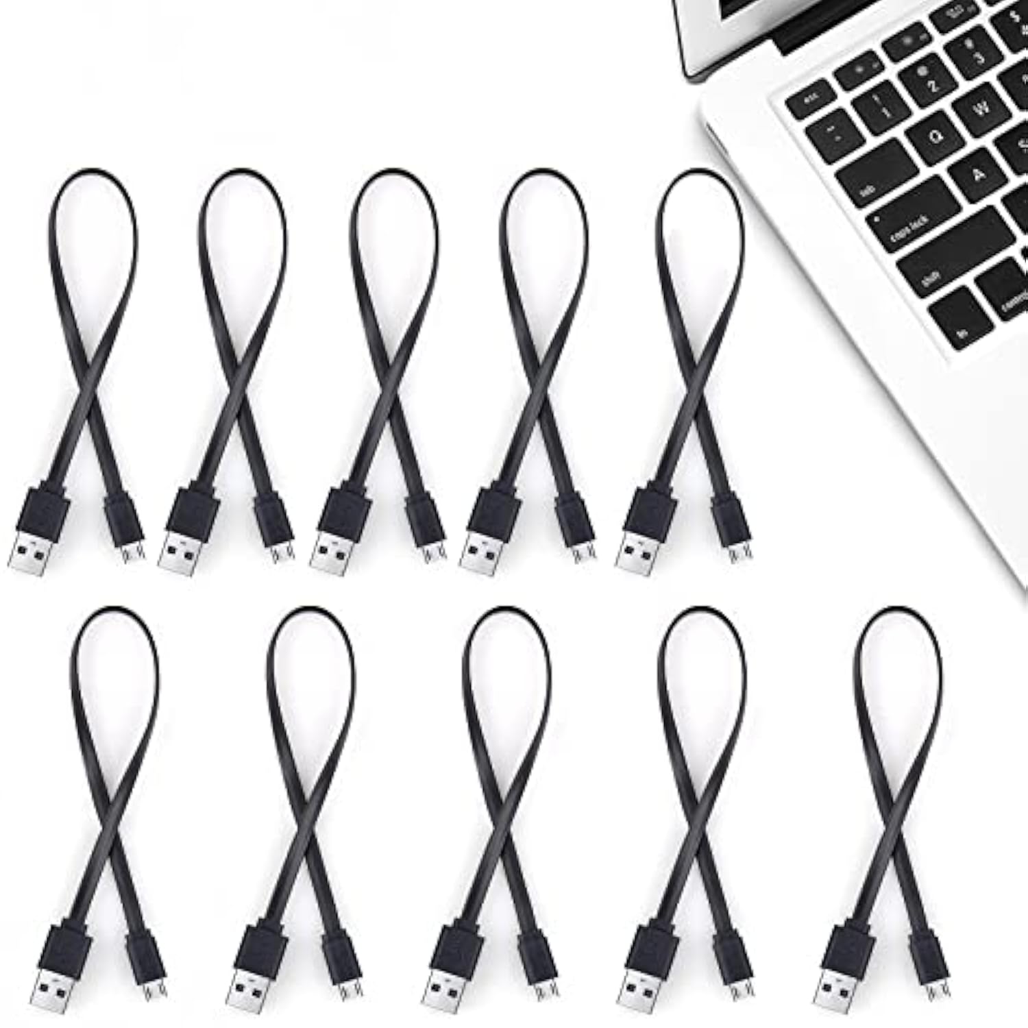 1ft Flat Micro USB Cable 10-Pack Bulk - Short USB A to Micro B Charging & Data Sync Cord for Android Devices