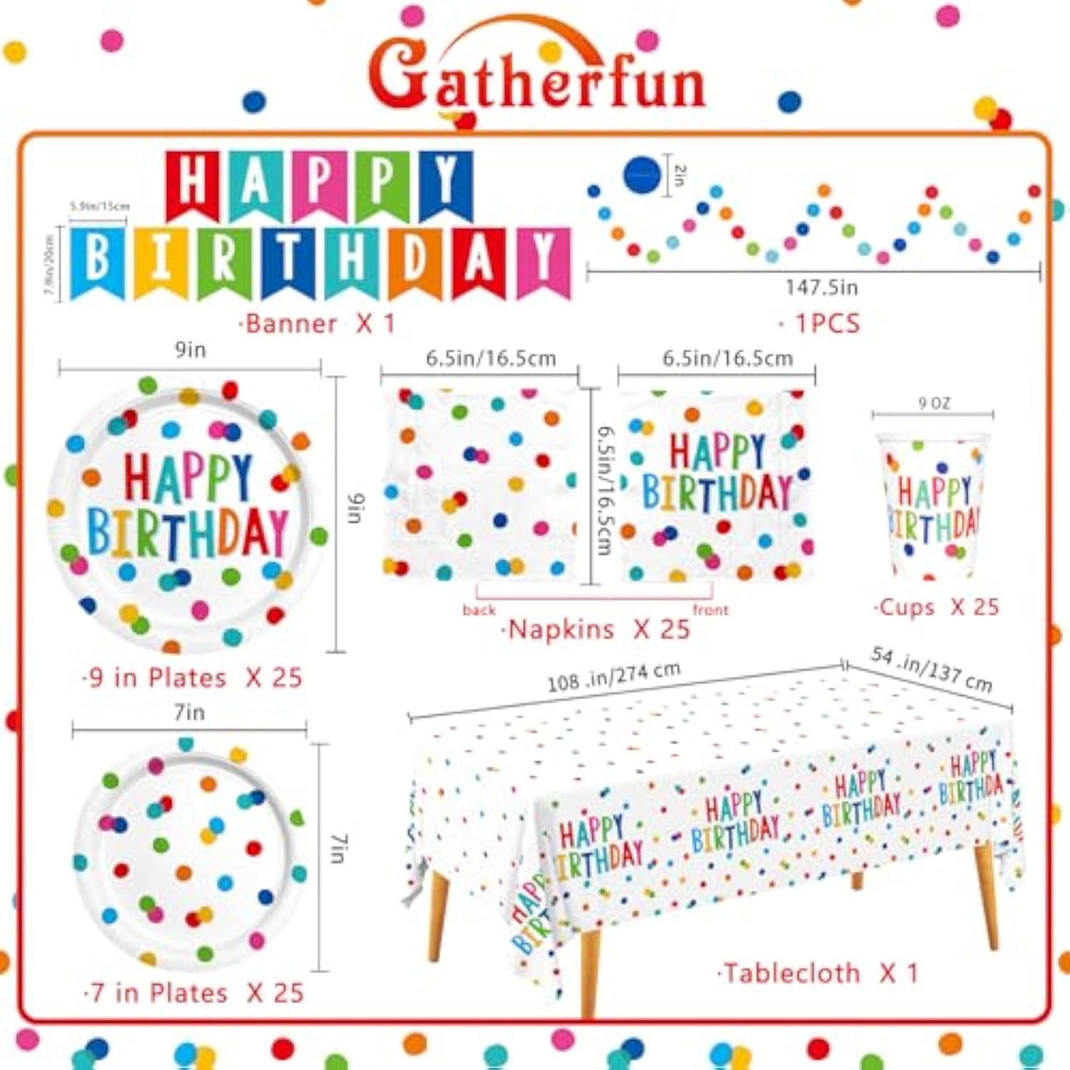 Happy Birthday Decorations: Happy Birthday Party Supplies Set With Birthday Dots Design- Includes Disposable Paper Birthday Plates And Napkins, Cups, Tablecloth, And Banner For Boys/Girls, Serves 25.