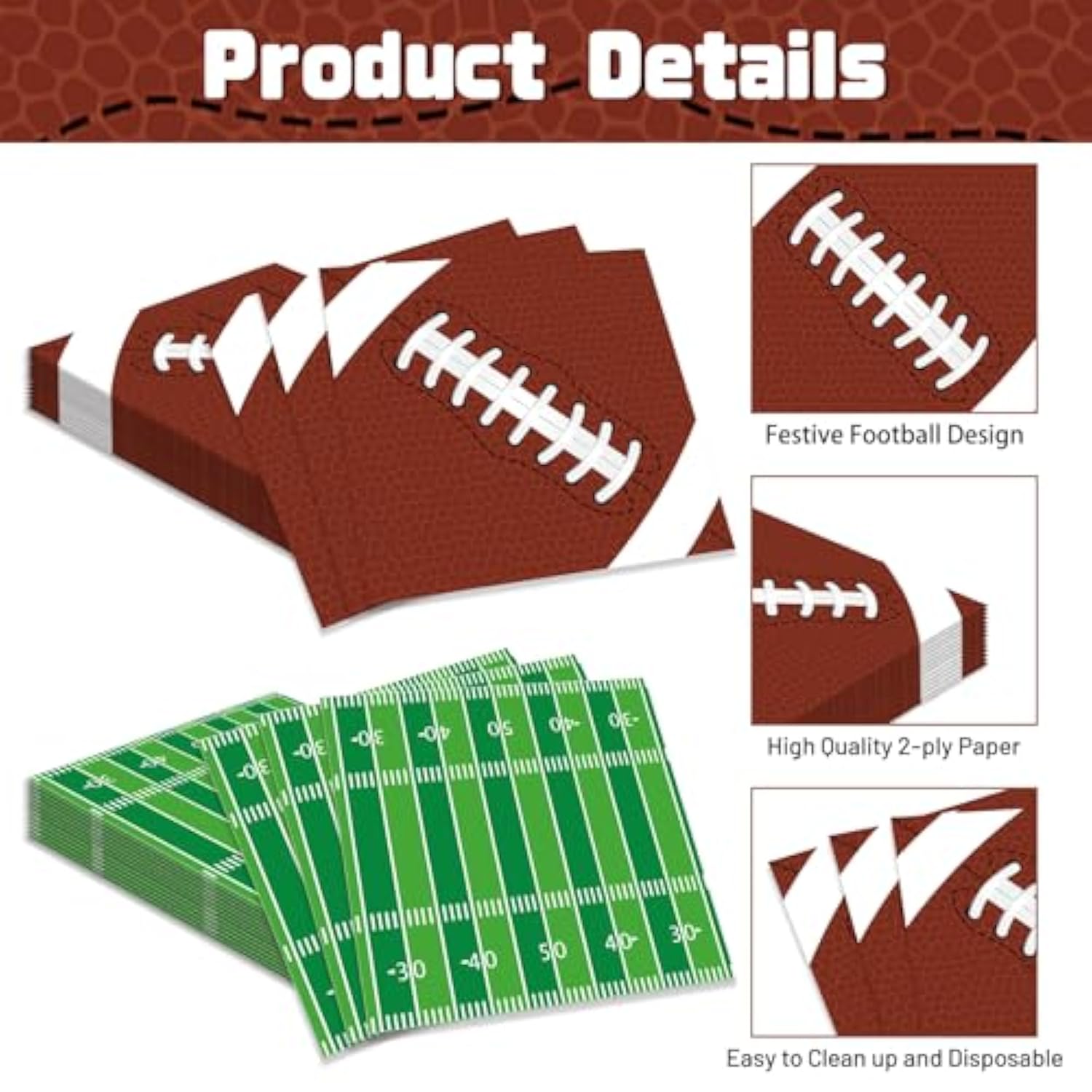 Pack Of 50, Football Paper Napkins, 25 Brown Football And 25 Green Field Design Disposable Cocktail Napkins For Sports Football Game Events Supplies Birthday Party Decorations, 13X13 Inches Unfolded