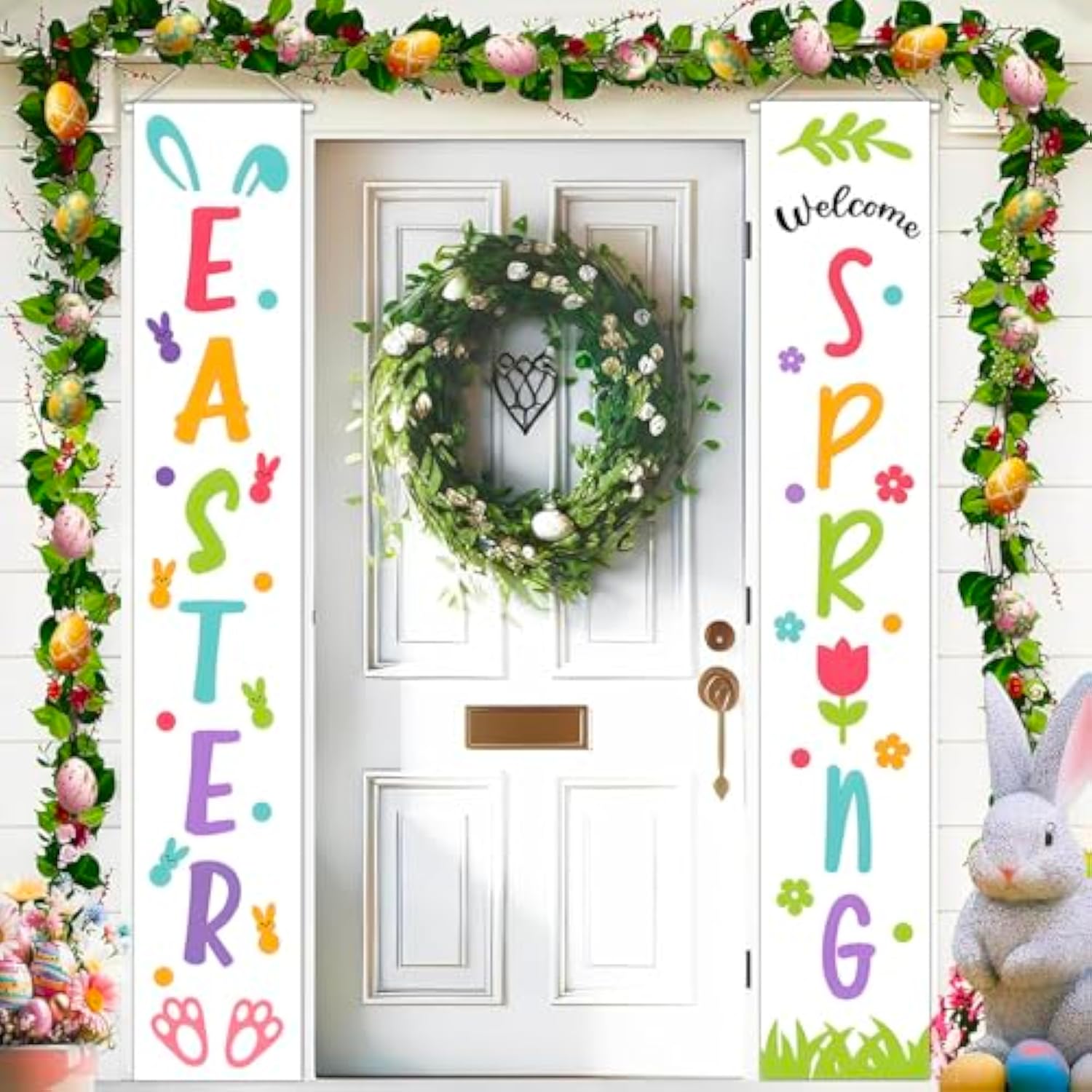 Easter Porch Banner Bunny Rabbit Daisy Party Front Door Sign Wall Hanging Spring Decorations And Supplies For Home Office Farmhouse Holiday Decor