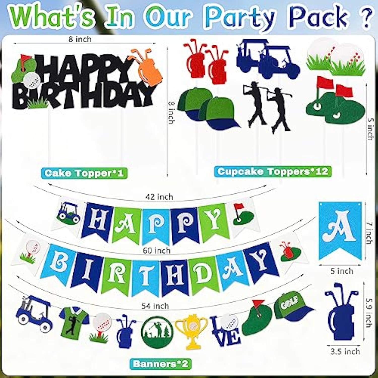 50Pcs Golf Birthday Party Decorations Golf Themed Party Supplies Includes Print Balloon Foil Balloon Cake Topper Banner Paper Pompoms