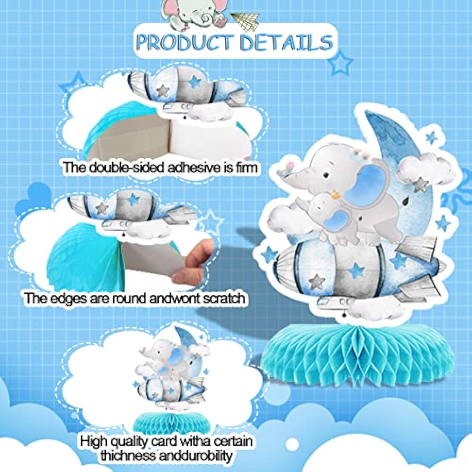 9 Pcs Elephant Baby Shower Honeycomb Centerpieces Party Decor For Boys,Cute Blue Elephant Honeycomb Balloons Star Moon Topper 3D Table Decoration For Kids Party Baby Shower Party Photo Props Supplies