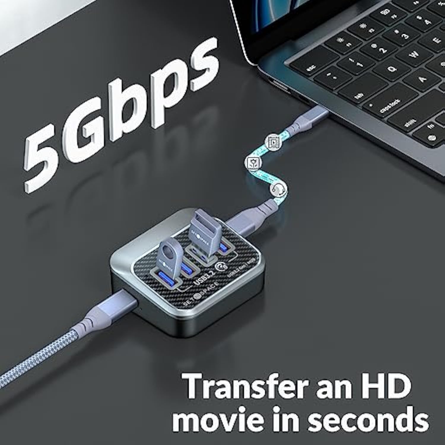 Usb C Hub, 32° Slope Design Usb 3.2 Gen1 5Gbps Hub, Usb C Hub With 2 In 1 Cabl