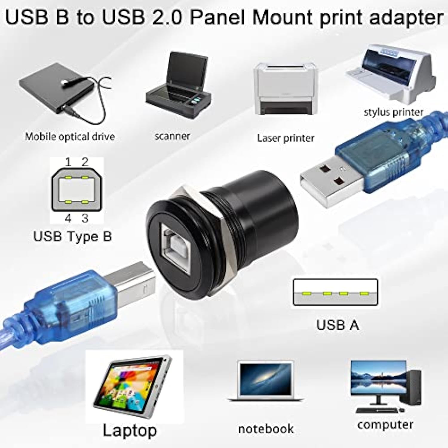Usb B To Usb2.0 Threaded Fixed Printer Adapter Usb2.0 Type B Female To Usb2.0