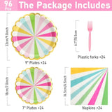 96Pcs Colorful Party Paper Plates With Gold Scalloped Edge, Colorful Scalloped 9Inch 7Inch Dessert Paper Plates Party Supplies For Birthday Bridal Shower Picnic, Serve For 24 Guests, Striped