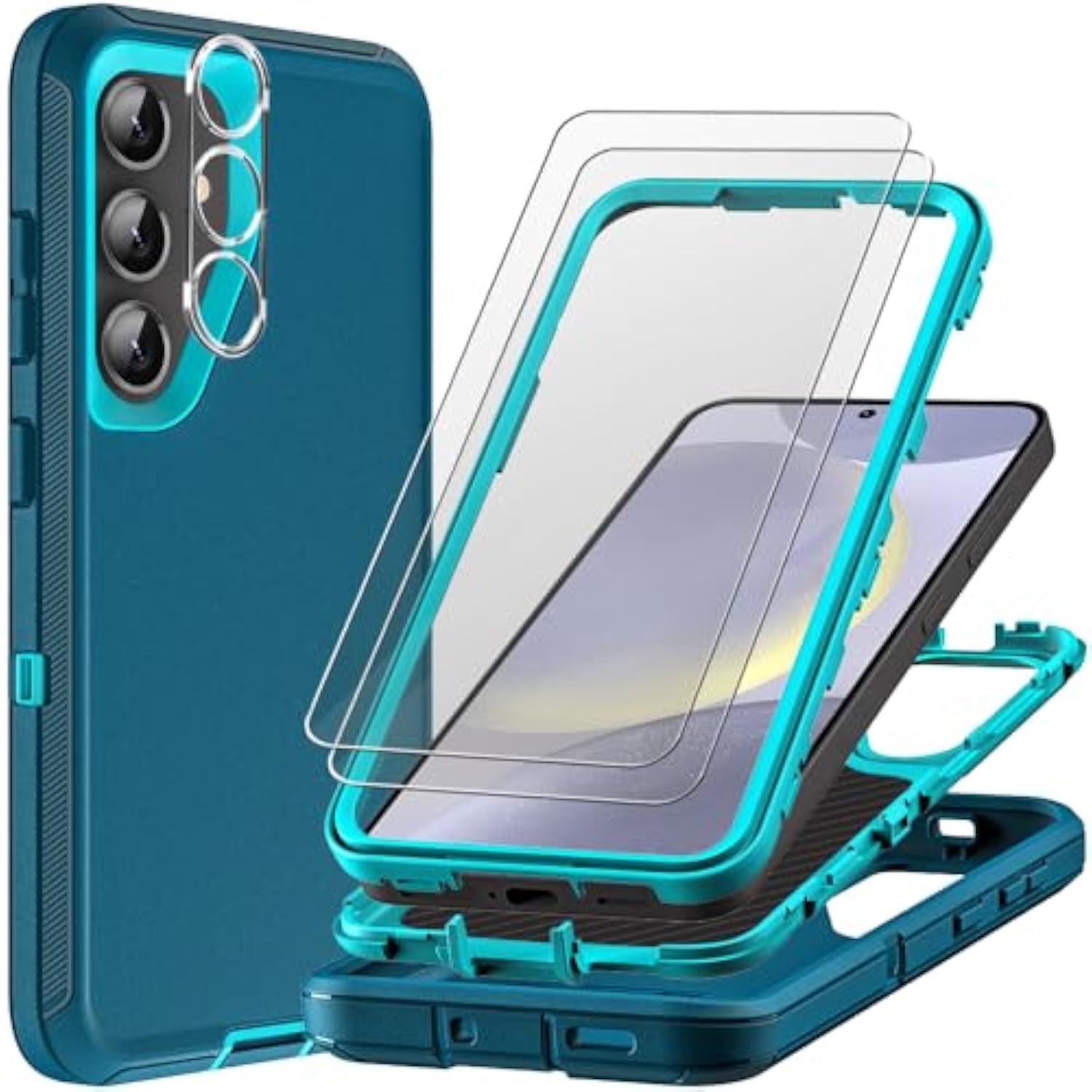 For Samsung Galaxy S24 Plus Case With 2Pcs Tempered Glass Screen Protector And 1Pcs Camera Lens Protector, 3 In 1 Heavy Duty Shockproof/Drop Proof/Dust Proof Case (Blue/Turquoise)