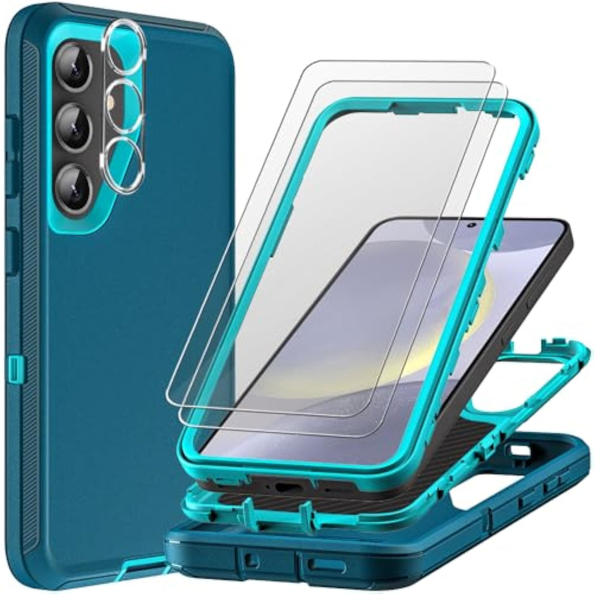 For Samsung Galaxy S24 Plus Case With 2Pcs Tempered Glass Screen Protector And 1Pcs Camera Lens Protector, 3 In 1 Heavy Duty Shockproof/Drop Proof/Dust Proof Case (Blue/Turquoise)