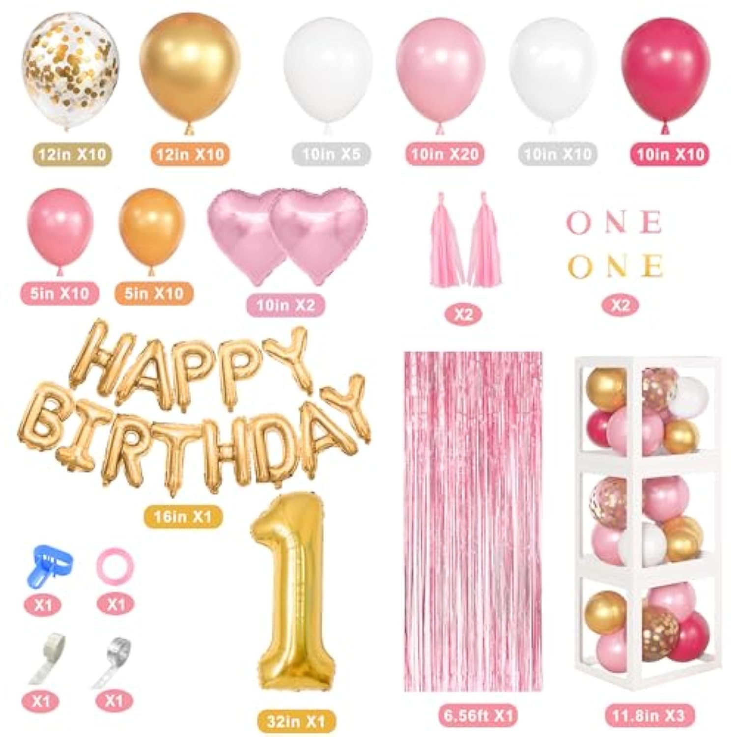 101pcs Baby Girl 1st Birthday Kit with Balloon Boxes, Confetti Balloons & Arch
