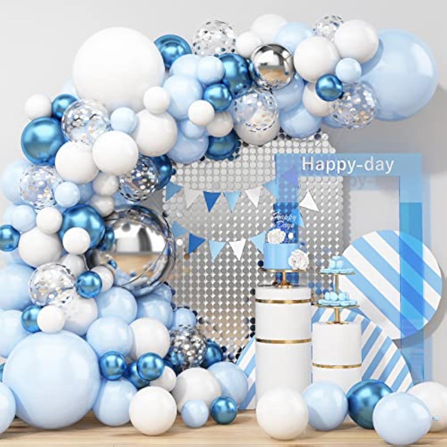 Blue Silver Balloon Arch Kit with Confetti Balloons for Party & Celebration