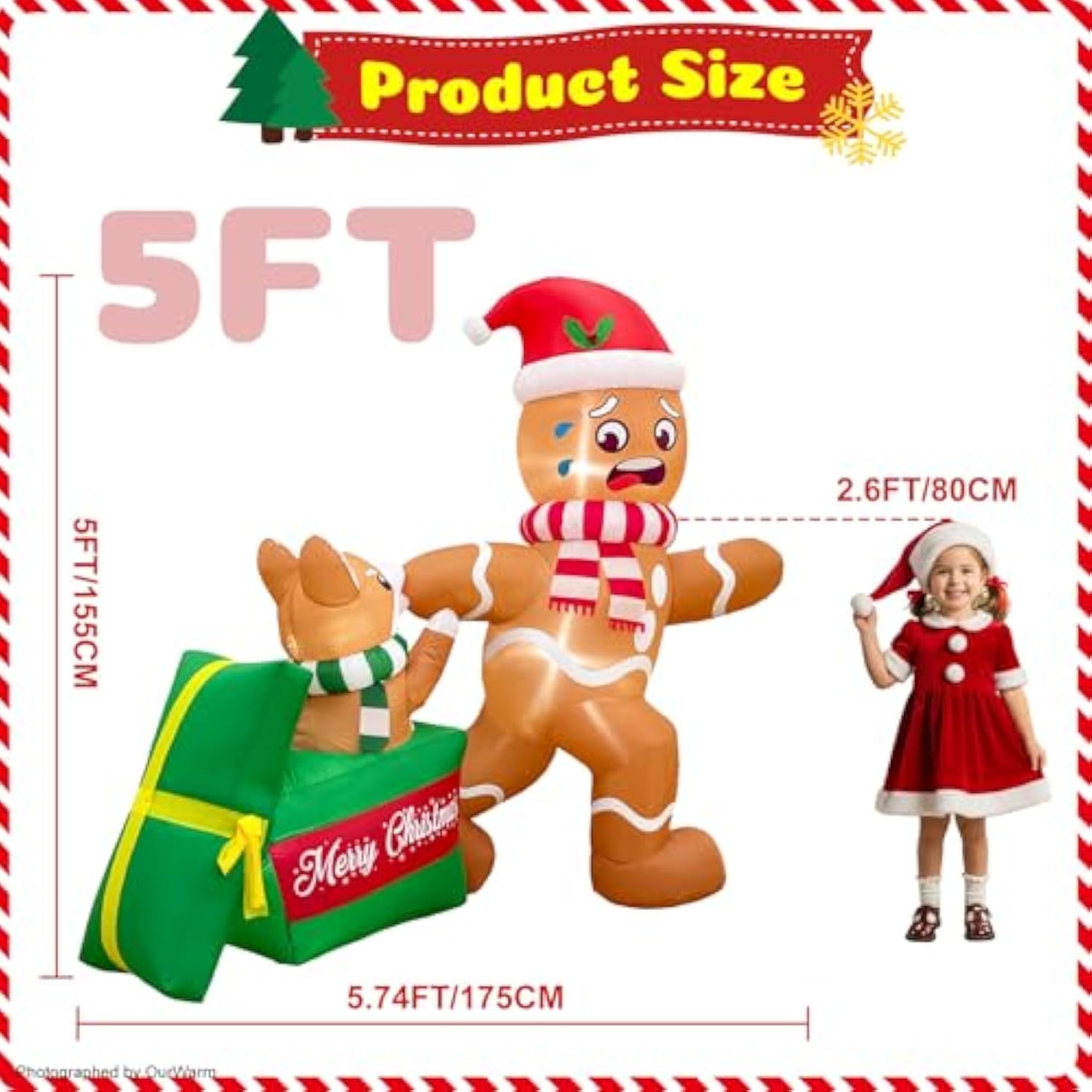 5 Ft Christmas Inflatable Outdoor Decoration, Dog Biting Gingerbread Inflatable With Led Lights, Funny Christmas Blow Up