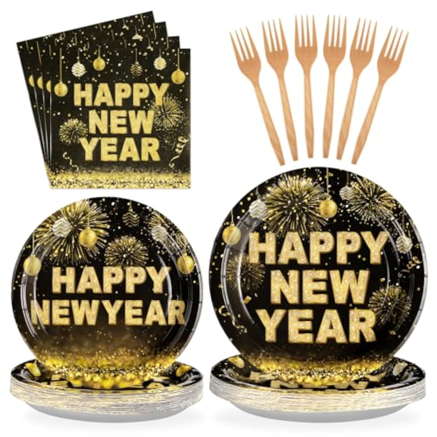 96 Pcs New Years Eve Party Supplies 350 Gsm Black And Gold Happy New Year Tableware Set 2025 Disposable New Years Eve Paper Plates And Napkins For 2025 New Year Party Decorations Serves 24