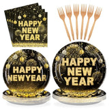 96 Pcs New Years Eve Party Supplies 350 Gsm Black And Gold Happy New Year Tableware Set 2025 Disposable New Years Eve Paper Plates And Napkins For 2025 New Year Party Decorations Serves 24