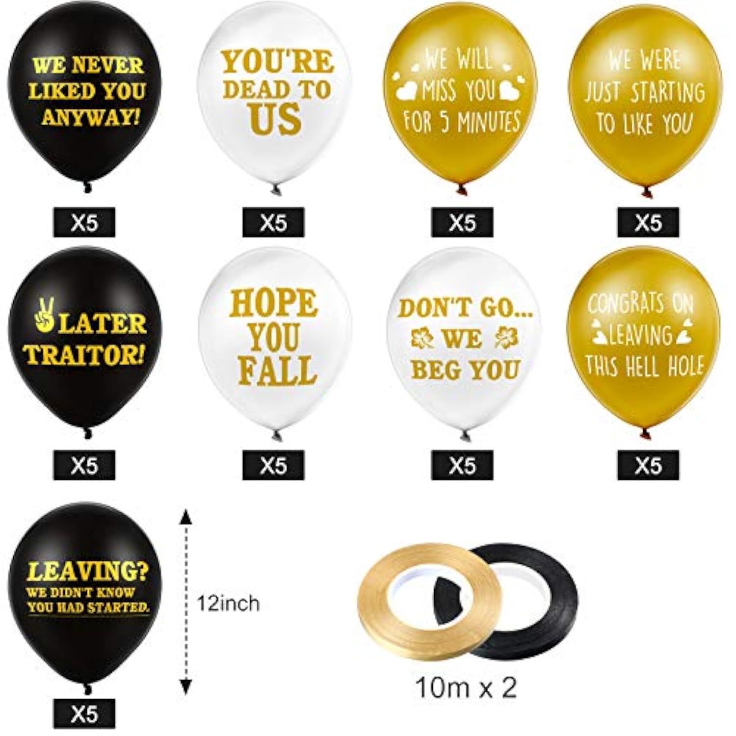 Funny Farewell Balloons (45pcs): Black, Gold & White Latex Goodbye Party Decorations