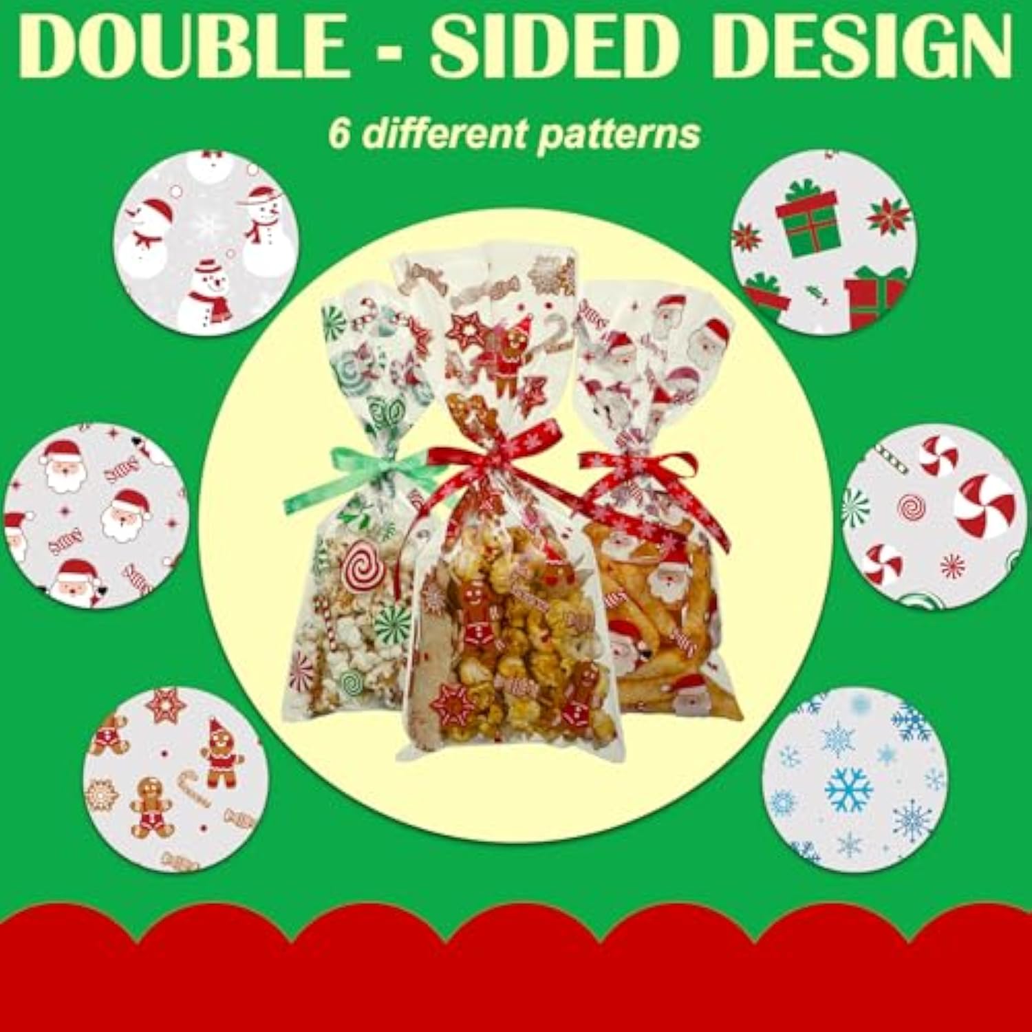 600 Pcs Christmas Cookie Bags Christmas Snack Bag With 50 Yd Ribbon Cellophane Gift Bags For Xmas Goodie Arts Crafts Flower Wrapping Party Favor Supplies