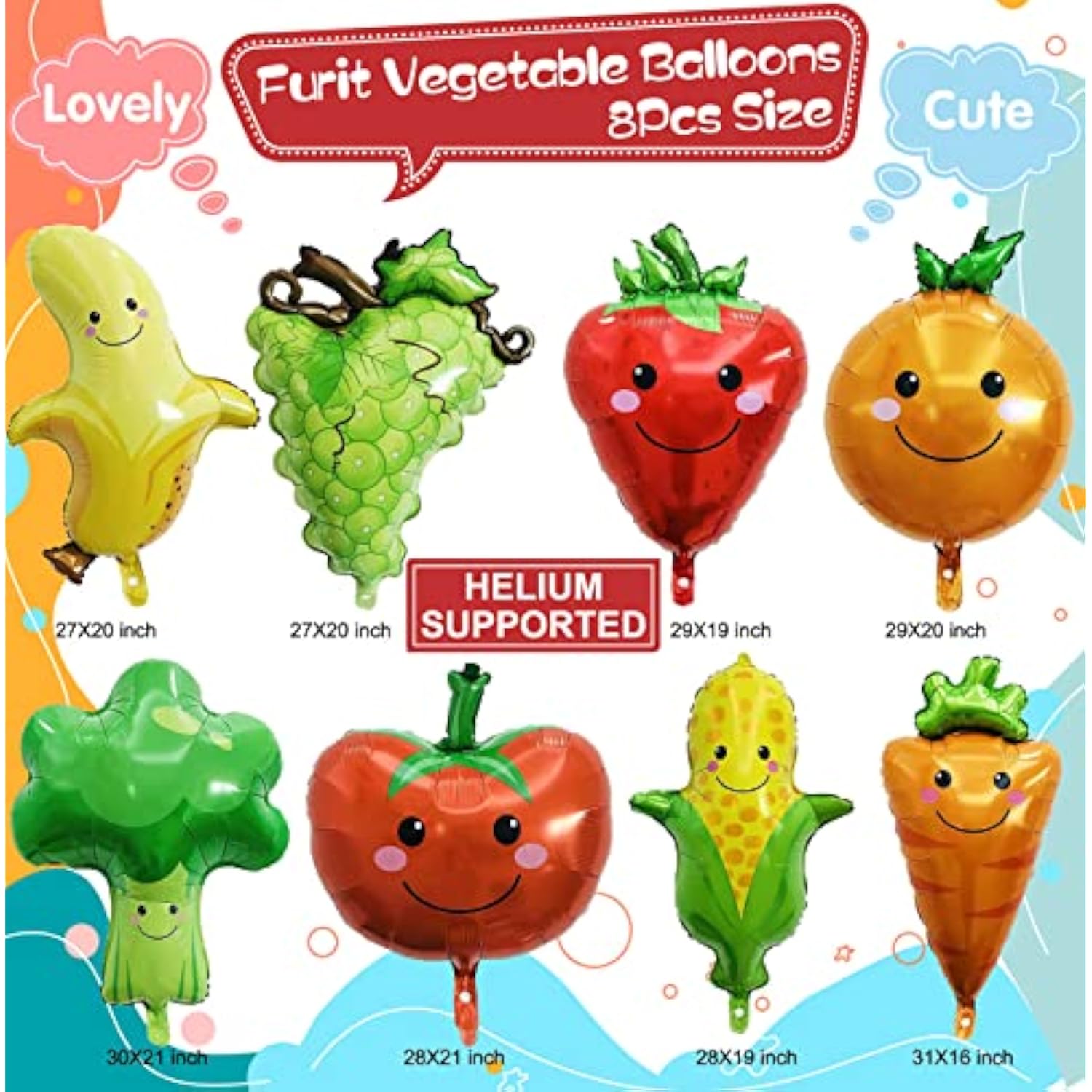8 Pack Gaint Furit Vegetable Foil Balloons Cute Helium Mylar Strawberry Grape Banana Orange Corn Carrot Tomato Broccoli Balloons For Theme Birthday Party Decorations Supplies