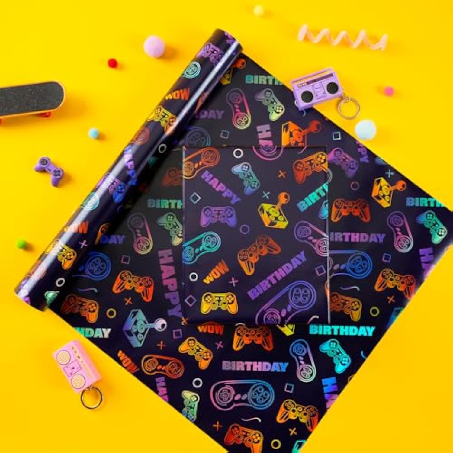 Gaming Wrapping Paper - 17 Inch X 33 Ft - Colorful Video Game Design Gift Wrap Paper For Birthday Game Party Favor Game Lover Holiday