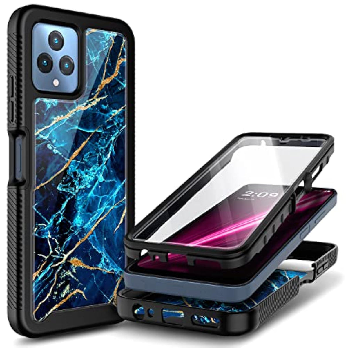 Designed For T-Mobile Revvl 6 5G / Revvl 6X 5G Phone Case With [Built-In Screen Protector], Full-Body Shockproof Protective Rugged Bumper Cover (Marble Design Sapphire)