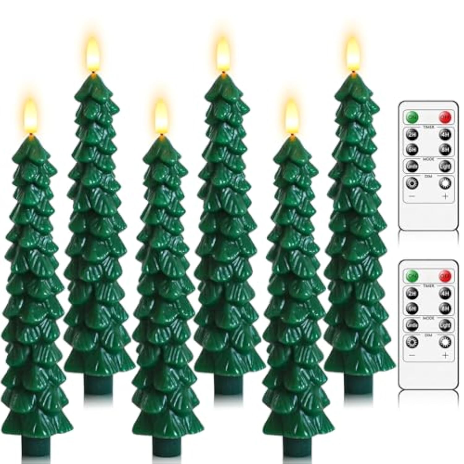 6Pcs Flameless Christmas Tree Candles With Remote Timer, Led Taper Candles Battery Operated Flickering Flame, 10 Inches Green Real Wax Window Candlesticks For New Year Xmas Decorations