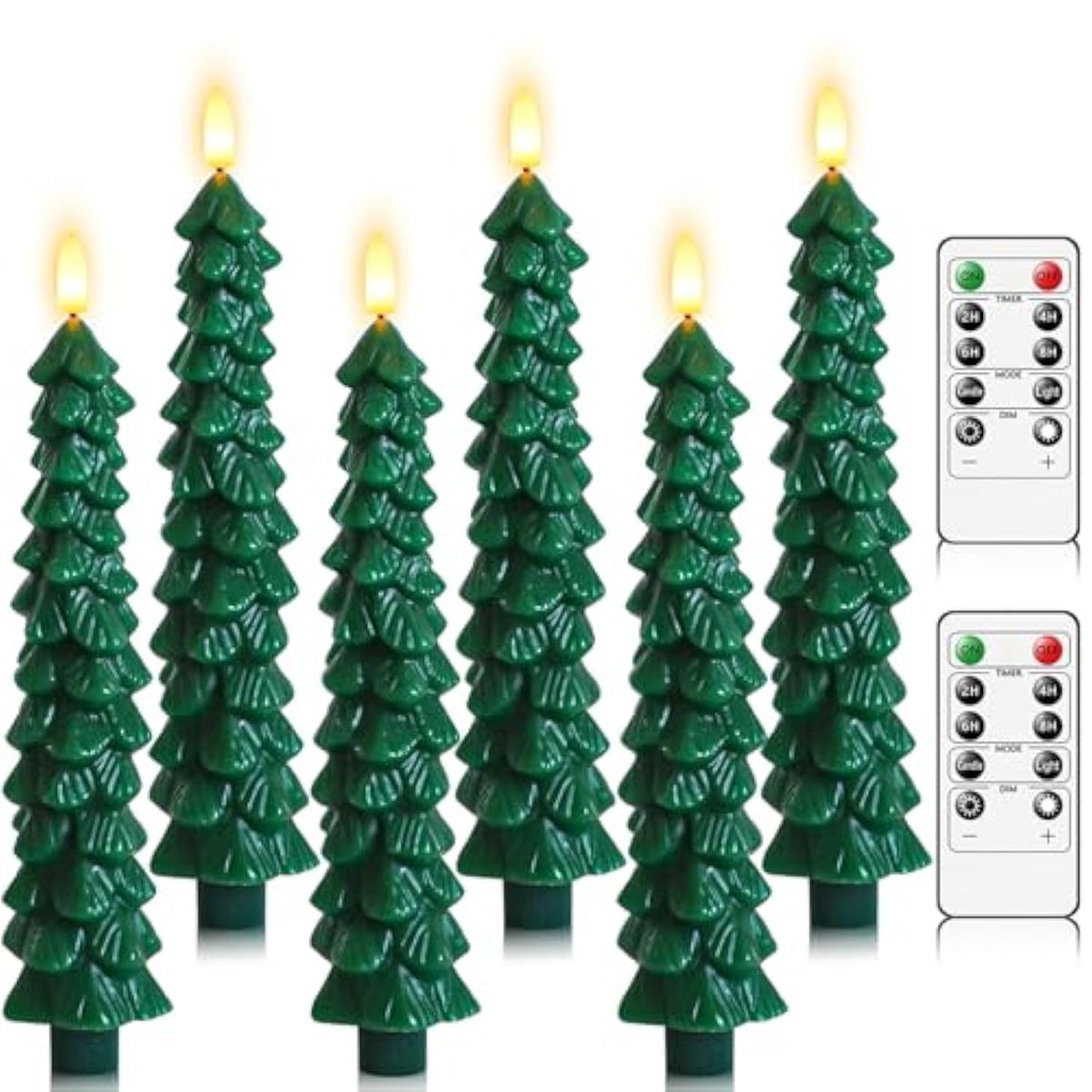 6Pcs Flameless Christmas Tree Candles With Remote Timer, Led Taper Candles Battery Operated Flickering Flame, 10 Inches Green Real Wax Window Candlesticks For New Year Xmas Decorations