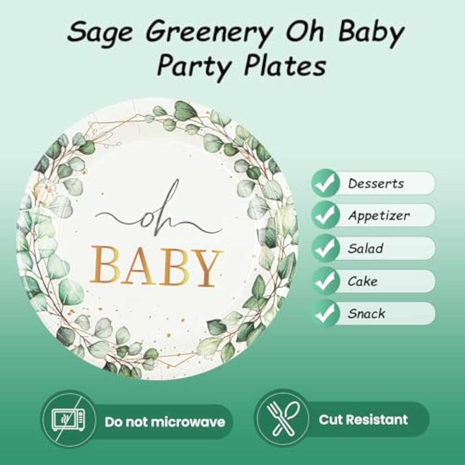 50 Pcs Eucalyptus Baby Shower Paper Plates, 7Inch Greenery Oh Baby Dessert Plate Party Supplies Disposable Tableware Sets For Boys Or Girls Gender Reveal Shower Party Decorations Favors
