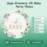 50 Pcs Eucalyptus Baby Shower Paper Plates, 7Inch Greenery Oh Baby Dessert Plate Party Supplies Disposable Tableware Sets For Boys Or Girls Gender Reveal Shower Party Decorations Favors