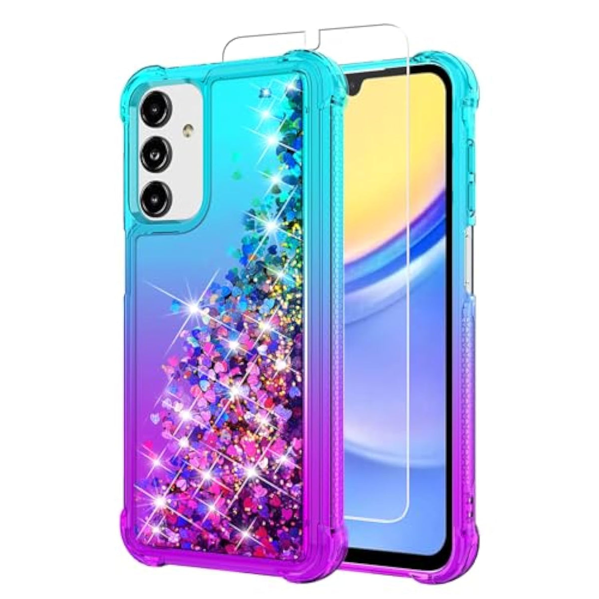 Galaxy A15 5G Case with HD Screen Protector Gradient Glitter Floating Teal/Purple