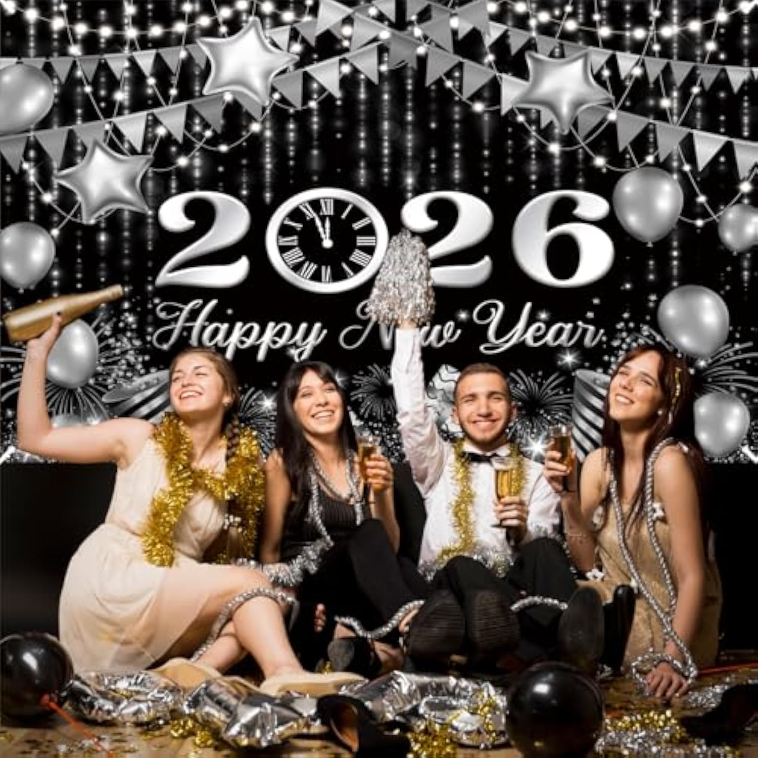 Black Silver Happy New Year Backdrop 6x3.6ft Gold Bokeh Balloons 2026